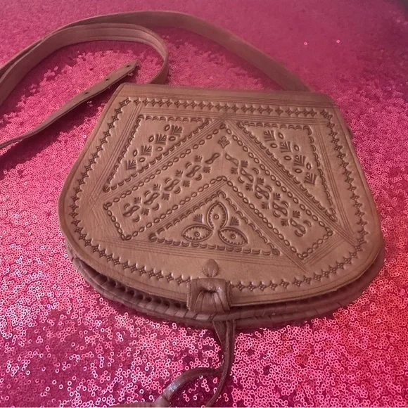 🍄‍🟫VINTAGE 70s Boho Cognac Genuine Leather Satchel Bag - Picture 3 of 8